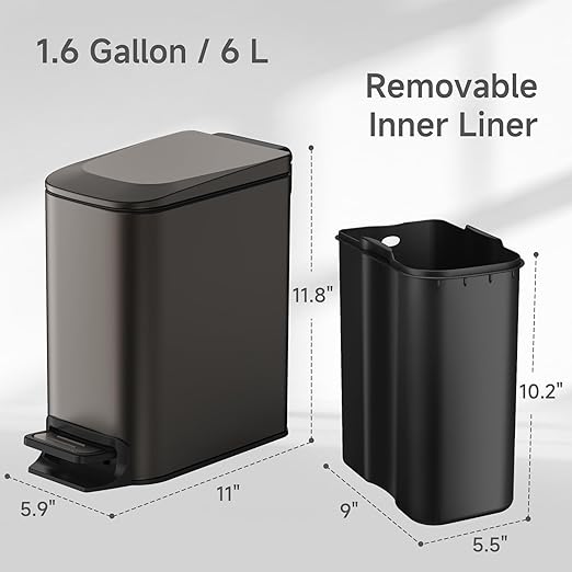 TIPGO Slim Bathroom Trash Can with Lid Soft Close, 6 Liter / 1.6 Gallon Stainless Steel Garbage Can with Removable Inner Bucket, Step Pedal, Small Trash Cans for Bedroom, Office, Kitchen (Black Gold) - Image 4