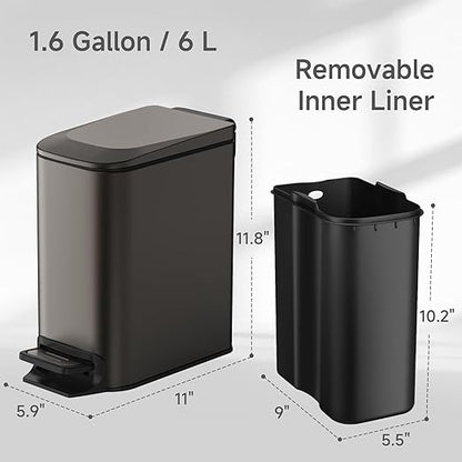 TIPGO Slim Bathroom Trash Can with Lid Soft Close, 6 Liter / 1.6 Gallon Stainless Steel Garbage Can with Removable Inner Bucket, Step Pedal, Small Trash Cans for Bedroom, Office, Kitchen (Black Gold) - Image 4