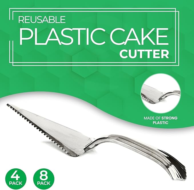 PARTY BARGAINS Silver Plastic Cake Cutter, 10 Inch Classic Disposable Cake Server for Weddings, Birthdays & Parties, BPA Free, Heavy-Duty Serving Utensil, 8 Pack
