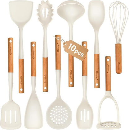 Large Silicone Cooking Utensils Set, 10Pcs Nonstick Kitchen Utensil Set with Wooden Handle, Heat Resistant Silicone Utensils for Cooking, BPA Free Spatula Set with Turners Spoon Ladle Skimmer(White) by Blithely