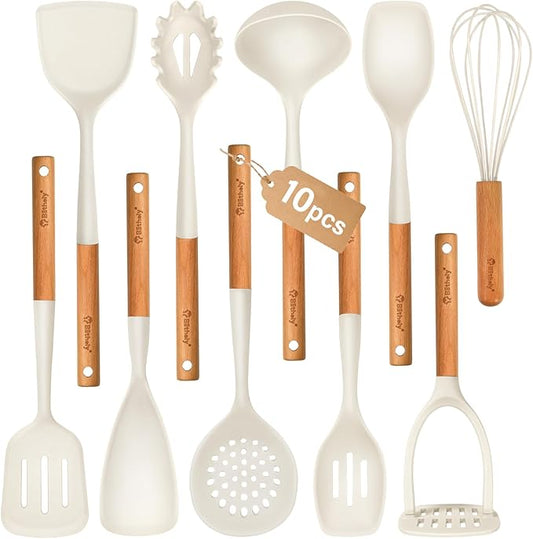 Large Silicone Cooking Utensils Set, 10Pcs Nonstick Kitchen Utensil Set with Wooden Handle, Heat Resistant Silicone Utensils for Cooking, BPA Free Spatula Set with Turners Spoon Ladle Skimmer(White) by Blithely
