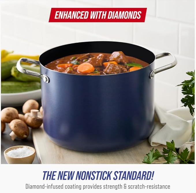 Blue Diamond 8QT Nonstick Stockpot with Glass Lid, PFAS-Free Ceramic, Multipurpose Cooking, Sauces & Soups, Pasta, Boiling & Canning Pot, Dishwasher & Oven Safe, Stainless Steel Handles, Navy - Image 2