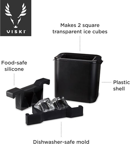 Viski Glacier Ice Maker, Ice Cube Mold for Whiskey on the Rocks, Old Fashioned & Craft Cocktail Drinks, Makes 2 Large Crystal Clear Cubes, Birthday Gifts for Men, Home Bar Accessories, Set of 1, Black