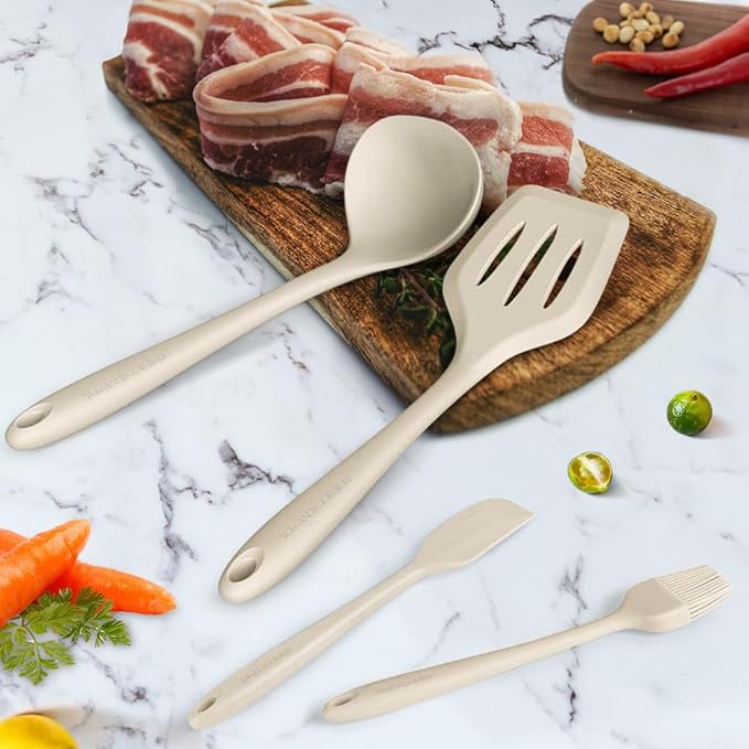 Kitchen Utensil Set - 11 Cooking Utensils - Colorful Silicone Kitchen Utensils - Nonstick Cookware with Spatula Set - Colored Best Kitchen Tools Kitchen Gadgets (Khaki) - Image 4