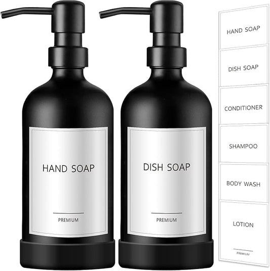 GMISUN Black Soap Dispenser with Silicone Sleeve Boot, 2 Pack Glass Bathroom Hand Soap Dispensers with Stainless Steel Pump, 17 Fl Oz Kitchen Hand and Dish Soap Dispenser Set, Liquid Dispensers Bottle by GMISUN