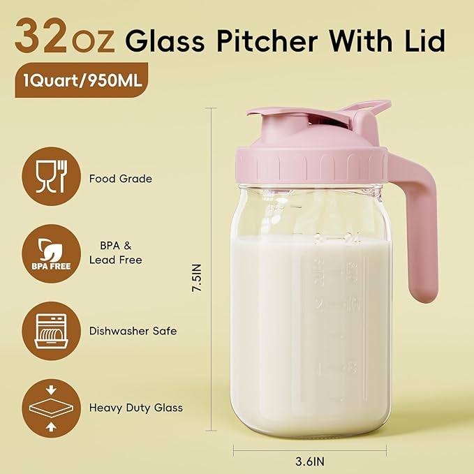 Breast Milk Pitcher - 32 oz Glass Mason Jar with Dual Leak-Proof Design, Airtight Seal, Pour Spout & Handle, Storage Container for Breastmilk, Iced Tea & Ice Drinks（Pink） - Image 2