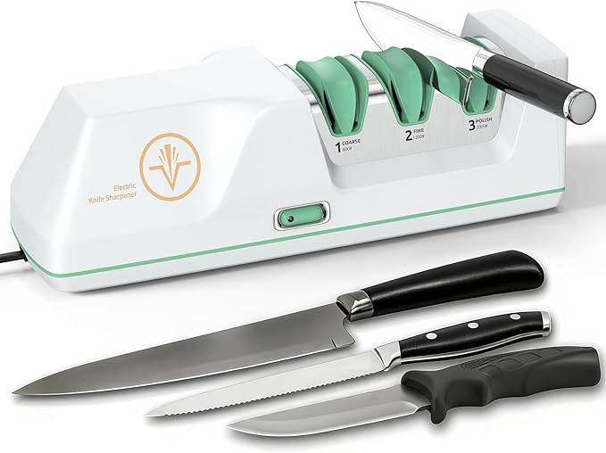 Electric Knife Sharpener with Replaceable Sharpening Head Easy to Change, 3-Stage & 15° Precision Angle Diamond Sharpening System for Metal Knives, Ceramic knives, Exquisite Gifts and Packaging