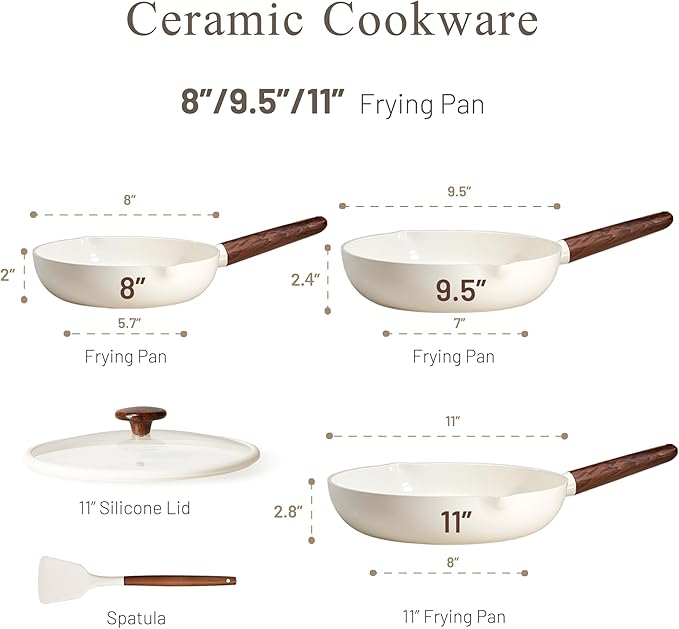 CAROTE Nonstick Frying Pans Skillets, Ceramic Coating Non-Stick Frying Pans Set, 5 PCS, Non-toxic Healthy & PFOA Free, Induction Compatible, 8+9.5+11 Inch with Colander Lid and Spatula, Cream White - Image 2