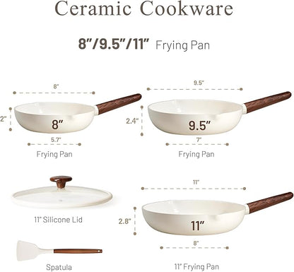 CAROTE Nonstick Frying Pans Skillets, Ceramic Coating Non-Stick Frying Pans Set, 5 PCS, Non-toxic Healthy & PFOA Free, Induction Compatible, 8+9.5+11 Inch with Colander Lid and Spatula, Cream White - Image 2