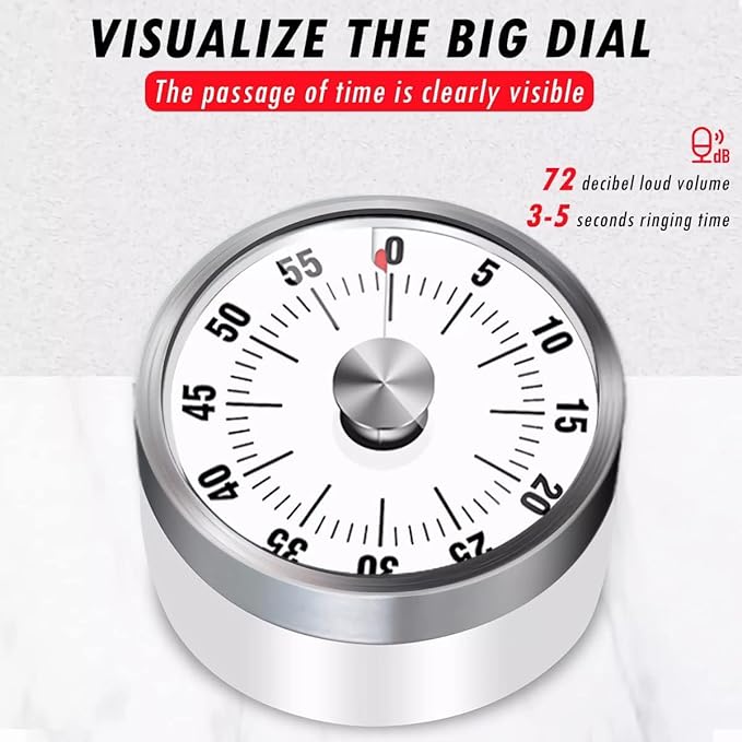 Visual Kitchen Timer for Cooking and Kids with Loud Alarm, Classroom Timers for Desk, No Batteries Required, Mechanical Desk Timer, Magnetic Egg Timer for Study, Chef Clock, Stainless Steel, Countdown - Image 5