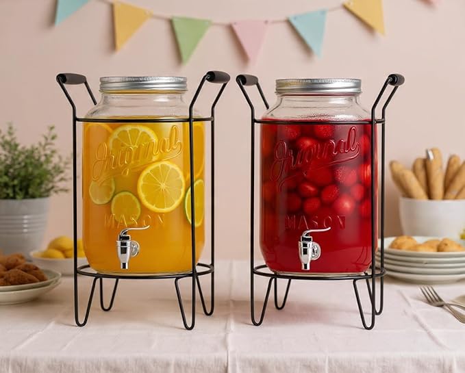 2 PACK-2 GALLON Drink Dispensers for Parties, Drink Dispensers for Parties, Original Mason Beverage Dispensers with Stand, Glass Water Jug Dispenser, 100% Leakproof Spigot