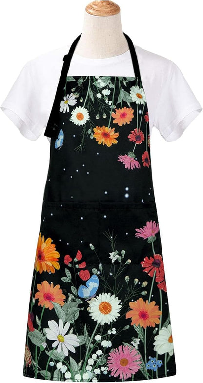 ASPMIZ Floral Apron for Adults, Waterproof Women Apron with 2 Pockets, Flower Cooking Aprons with Adjustable Neck Strap, Kitchen Apron for Washing Dishes, Gifts BBQ Grill 27.5 x 31.5 Inches, Black