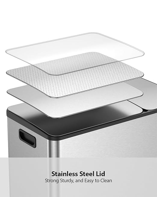 Lovewind Double Trash Can Kitchen, 13+5.5 Gallon Stainless Steel Dual Trash and Recycle Bin Combo with Silent Close Lid, Heavy-Duty Foot Pedal, Easy to Clean Garbage Can for Large Families, Silver