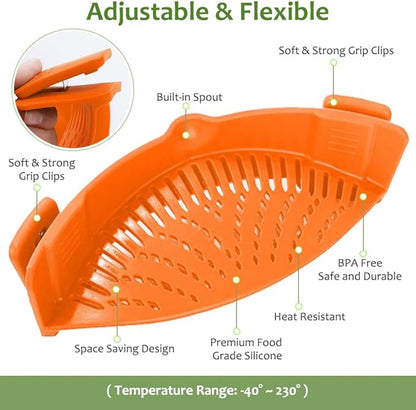 YEVIOR Clip on Strainer for Pots Pan Pasta,Silicone Food Strainer Hands-Free Pan Strainer, Clip-on Kitchen Food Strainer for Spaghetti, Pasta, Ground Beef Fits All Bowls and Pots (Orange) - Image 2