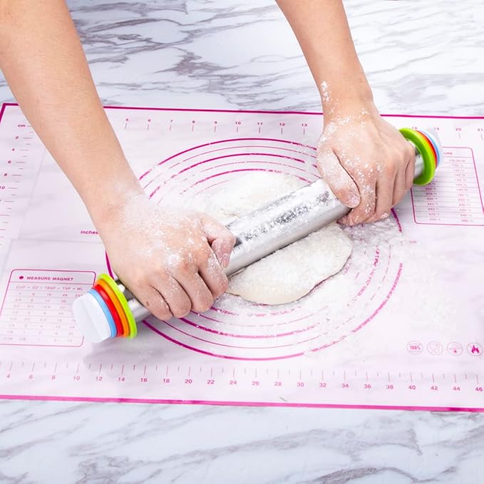 Rolling Pin and Pastry Baking Mat Set, Rolling Pins with Adjustable Thickness Rings, Stainless Steel Dough Roller for Baking Fondant, Pizza, Pie, Pastry, Pasta, Cookies (Purple) - Image 3