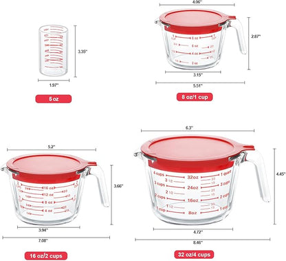 KOMUEE 4 Piece Glass Measuring Cups Set, 5 Oz, 1-Cup, 2-Cup, 4-Cup Liquid Measuring Cups with Lids for Kitchen, Freezer and Microwave Safe - Image 7
