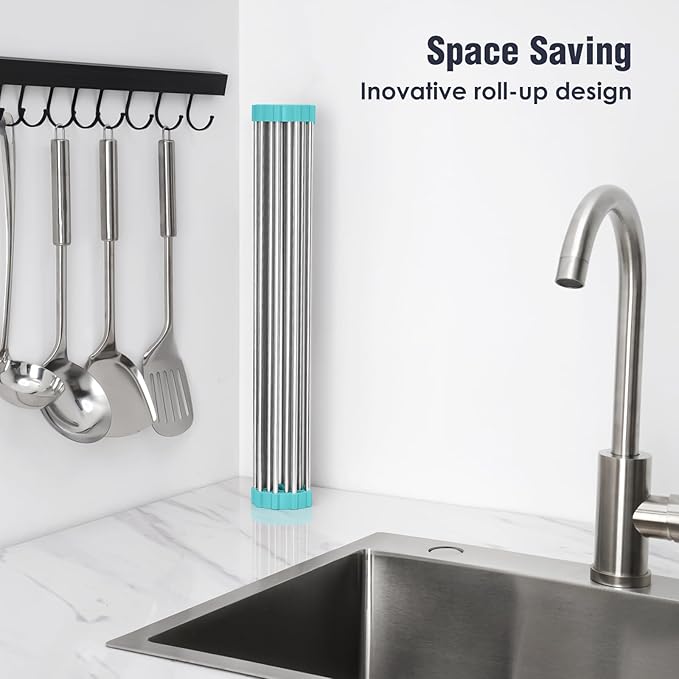 Tomorotec 21" x 15.5" Roll Up Dish Drying Rack Over Sink Drying Rack Sink Cover Kitchen Sink Accessories Gadget Multipurpose Organizer Foldable Stainless Steel Drainer - Image 3
