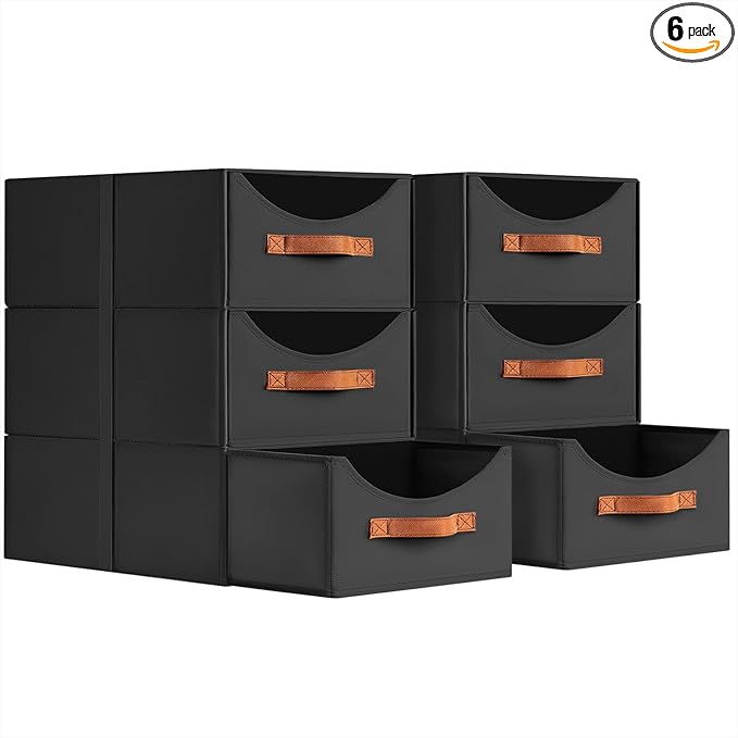 Homsorout Stackable Storage Drawers - Large Collapsible Storage Bins with Drawers, 6 Pack Closet Shelf Organizer Basket, Fabric Pull Out Organizer for Bedroom, Living Room, Dorm, Black