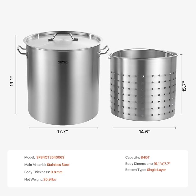 VEVOR Stainless Steel Stockpot, 84 Quart Large Cooking Pots, Cookware Sauce Pot with Basket, Lid, and Handle, Heavy Duty Commercial Grade Stock Pot, Sanding Treatment, for Large Groups Events Silver - Image 7
