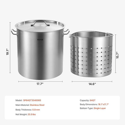 VEVOR Stainless Steel Stockpot, 84 Quart Large Cooking Pots, Cookware Sauce Pot with Basket, Lid, and Handle, Heavy Duty Commercial Grade Stock Pot, Sanding Treatment, for Large Groups Events Silver - Image 7