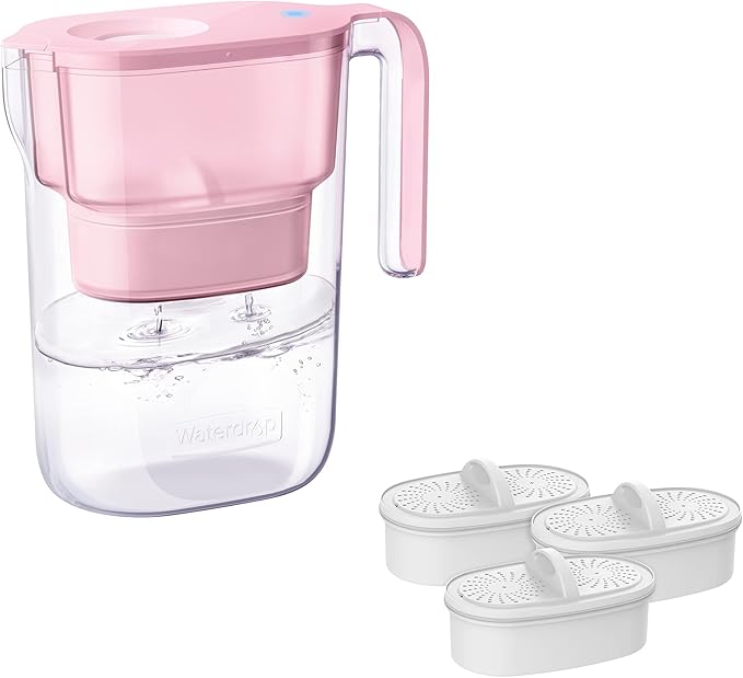 Waterdrop PT-05P Water Filter Pitcher with 4 Filters, 7-Cup Capacity, NSF Certified, 5X Longer Filter Life, Up to 800 Gallons, Fridge-Friendly Design, Reduces PFOA/PFOS and Chlorine, Pink by Waterdrop