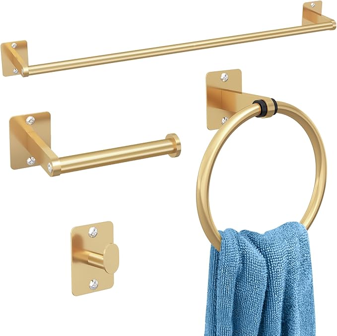 Bathroom Accessories Set, KLJKPA 4 Pieces Gold Bathroom Hardware Set, 24 inch Towel Bar, Towel Racks for Bathroom, Robe Towel Hooks, Toilet Paper Holder Wall Mounted by KLJKPA