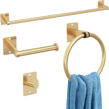 Bathroom Accessories Set, KLJKPA 4 Pieces Gold Bathroom Hardware Set, 24 inch Towel Bar, Towel Racks for Bathroom, Robe Towel Hooks, Toilet Paper Holder Wall Mounted by KLJKPA