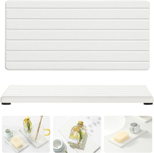2PCS Water Absorbing Stone Drying Tray Mat for Bathroom Sink & Kitchen Counter Faucet Organizer, Quick Dry Dish Rack Soap Dispenser Sponge Holder, Vanity Sink Caddy Bar Coaster, Ivory White 8“x 4”