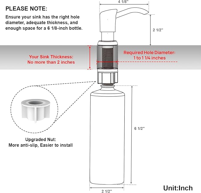 GAGALIFE Built in Sink Soap Dispenser or Lotion Dispenser for Kitchen Sink, Chrome ABS Pump Head, with 17 Ounce Large PET Soap Bottle - Image 2