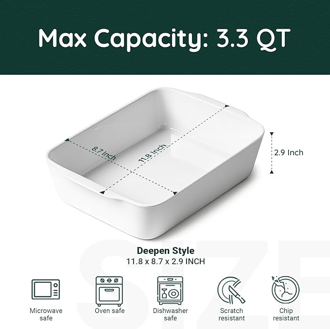 HOMBENE 3.3 QT Ceramic Baking Dish, White Casserole Dish,Lasagna Pan for Oven, Bakeware for Baking, Kitchen Decor, Microwave Oven Safe, Dinner Party (8.7" x 11.8") - Image 2