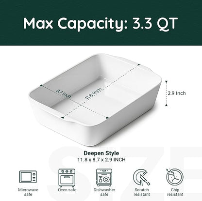 HOMBENE 3.3 QT Ceramic Baking Dish, White Casserole Dish,Lasagna Pan for Oven, Bakeware for Baking, Kitchen Decor, Microwave Oven Safe, Dinner Party (8.7" x 11.8") - Image 2