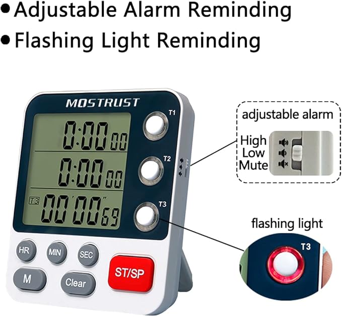 Digital Dual Kitchen Timer, 3 Channels Countdown Triple Timer for Cooking, Magnetic Memory-Preset Large Display Adjustable Alarm Volume, Multi Times Management, 3A Battery Included, White - Image 8