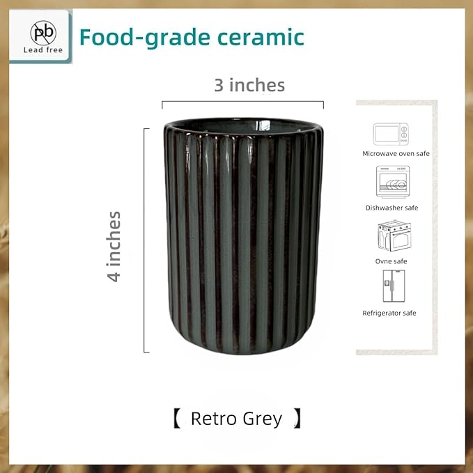 TOPYOKK Stoneware Coffee Bar Utensil Holder Tea & Coffee Spoon & Stirrer Holder for Stir Stick Straw Teaspoon Holder Spoon Cup Small Utensil Jar Fluted Vertical Stripe (Retro Grey) - Image 5