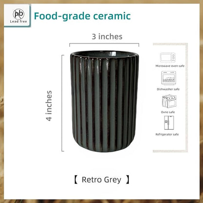 TOPYOKK Stoneware Coffee Bar Utensil Holder Tea & Coffee Spoon & Stirrer Holder for Stir Stick Straw Teaspoon Holder Spoon Cup Small Utensil Jar Fluted Vertical Stripe (Retro Grey) - Image 5