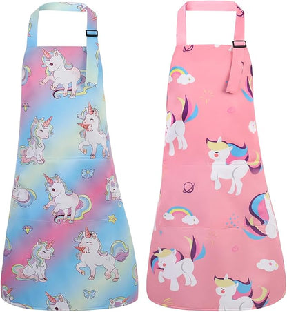 2 Pack Kids Apron, Cute Cooking Aprons, Waterproof Art Apron with Pockets, Toddler Painting Artist Apron Adjustable