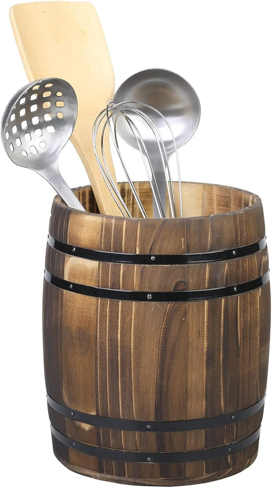 MyGift Wine Barrel Design Kitchen Utensil Crock, Vintage Rustic Burnt Wood Cooking Tool Holder by MyGiftHome