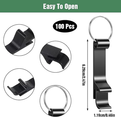 100 Pack Bottle Opener Keychain Bulk Black Metal Pocket Can Opener Key Chain Ring Wine Beer Beverage Heavy Duty Aluminum Bottle Openers Destapadores De Cerveza for Bar Bartender Wedding Party Gifts