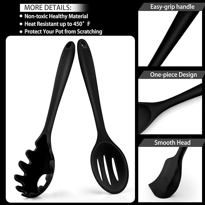P&P CHEF Silicone Cooking Utensils Set of 7, Heat-proof Kitchen Utensils Set for Nonstick Cookware, Non-stick Spatula, Slotted Turner, Soup Ladle, Pasta Server, Spoon for Cooking Serving - Black - Image 3