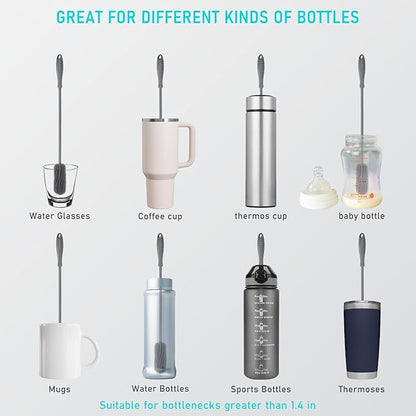 15.7" Silicone Bottle Brush, ddLUCK Water Bottle Cleaner Brush for Stanley, Hydroflasks, Glass, Thermos Sports Bottle, Vase and Glassware, Bottle Brush Cleaner for Small Narrow Neck Containers (Gray)