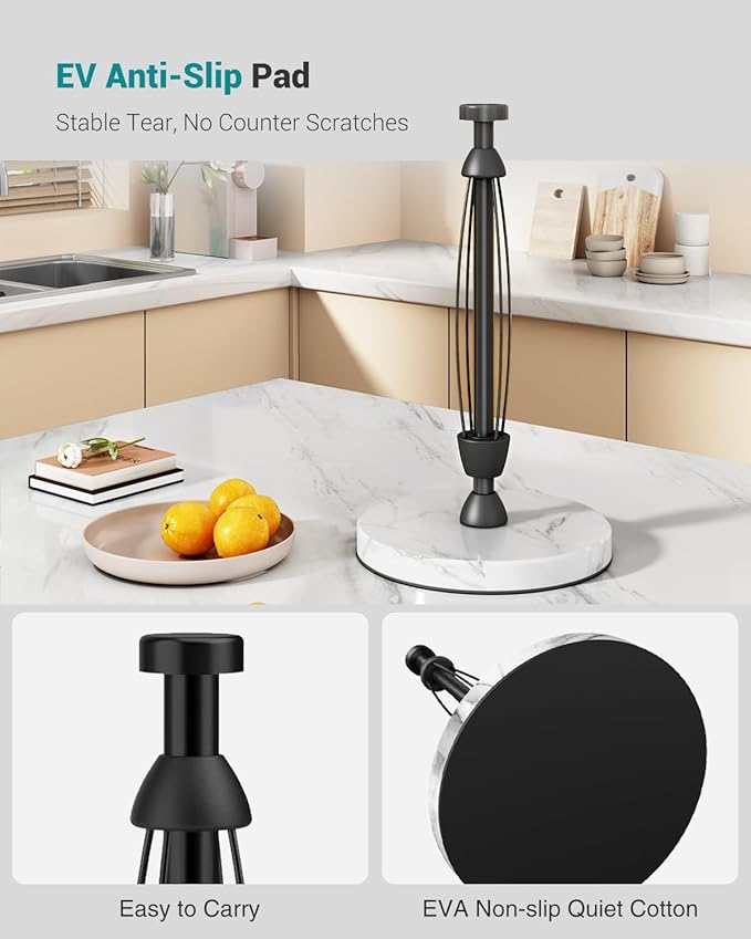 Paper Towel Holder Countertop, Marble Weighted Base, Glossy Black, One-Handed Tear, Freestanding Paper Towel Stand Rack with Ratchet Mechanism for Kitchen Toilet Bathroom Essentials Decor Accessories - Image 6