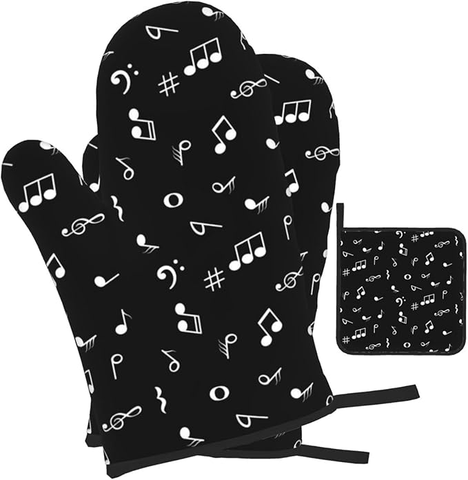 Music Notes Oven Mitts and Pot Holders Sets of 3 Black Hot Pads Musicial Oven Gloves Heat Resistant Non Slip Washable for Kitchen Cooking Grilling Baking - Image 2
