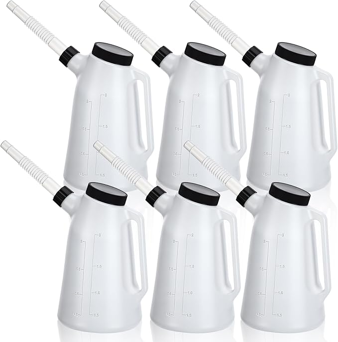Mifoci 6 Pack 2 Quart Oil Measuring Containers, Translucent Plastic Oil Dispenser Cans with Long Spout Leak Proof Dispensers for Automotive Fluid Car Engine Transmission Fluid Brake Change