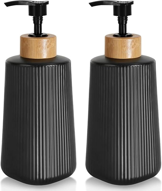 Glass Soap Dispenser, Thickened Glass Hand Soap Dispenser for Bathroom, Kitchen Dish Washing Liquid Bottles, Shampoo and Conditioner Bottles, Modern Farmhouse Style (Black, Set of 2, 12oz)