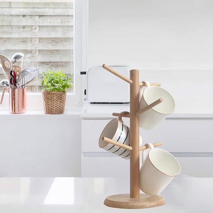 Dorhors Mug Tree,Coffee Cup Holder with 6 Hooks,Wood Mug Holder for Counter,Coffee Bar Accessories and Orgnizer station (Natural)