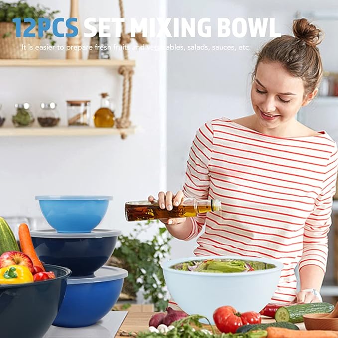 BoxedHome BPA Free Plastic Round Mixing Bowl with Lids, 12 Pack Nesting Bowls with Lids Set, Microwave and Dishwasher Safe Prep & Serving Bowls Great for Mixing, Baking, Serving (Blue, 12pcs) - Image 6