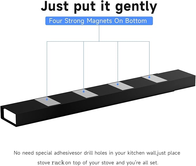 SZJHXIN 4X Strong Magnetic Stove Top Shelf, Adjustable 15-30 Inches, Fits Various Stove Lengths, Kitchen Organizer, Holds Spices, Condiments and BBQ Sauces (Matte Black)