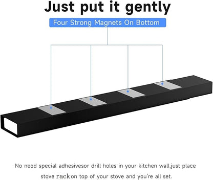 SZJHXIN 4X Strong Magnetic Stove Top Shelf, Adjustable 15-30 Inches, Fits Various Stove Lengths, Kitchen Organizer, Holds Spices, Condiments and BBQ Sauces (Matte Black)