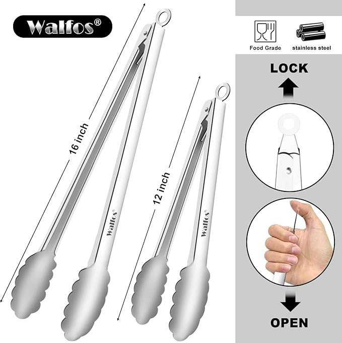 Tong for cooking, Walfos kitchen tongs set of 2 - Heat Resistant 600℉, Heavy Duty Locking Metal cooking Tongs, Stainless Steel BBQ Grilling,(All Metal 12in+16in) - Image 6