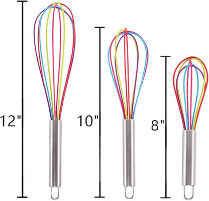 Silicone Whisk set of 3, 8+10+12in Kitchen Balloon Wire Whisks, Hand Egg Mixer Beater for Cooking
