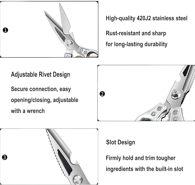 Heavy Duty Kitchen Scissors - 3.0mm Thickened Professional Stainless Steel Blades, All-Purpose Dishwasher Safe Meat & Poultry Shears for Cutting Chicken Bones, Food Prep